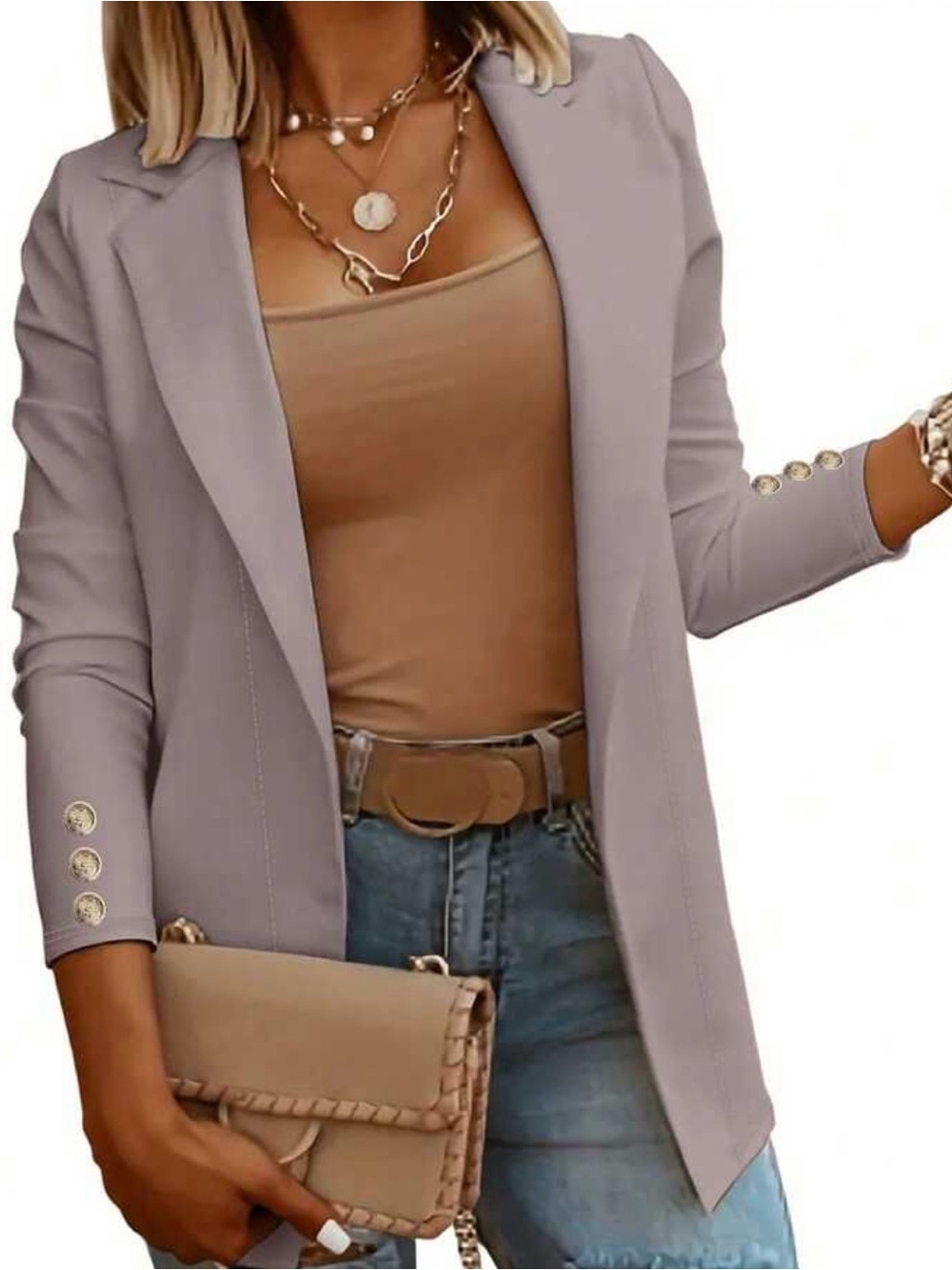 Womens Taupe Open-Front Blazer Jacket